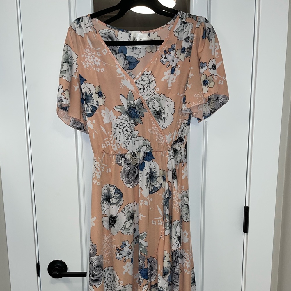 Light coral and blue flowy dress with ruffles